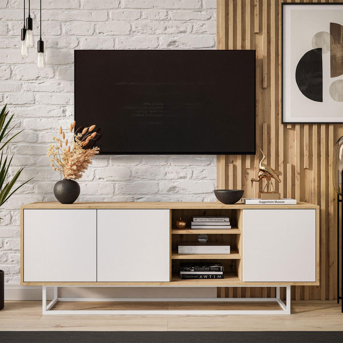 TV-ELEMENT SANAYI II mit Regalen Eiche Artisan/Weiß - Weiß, Holzwerkstoff (156/56/38cm) - Lookway