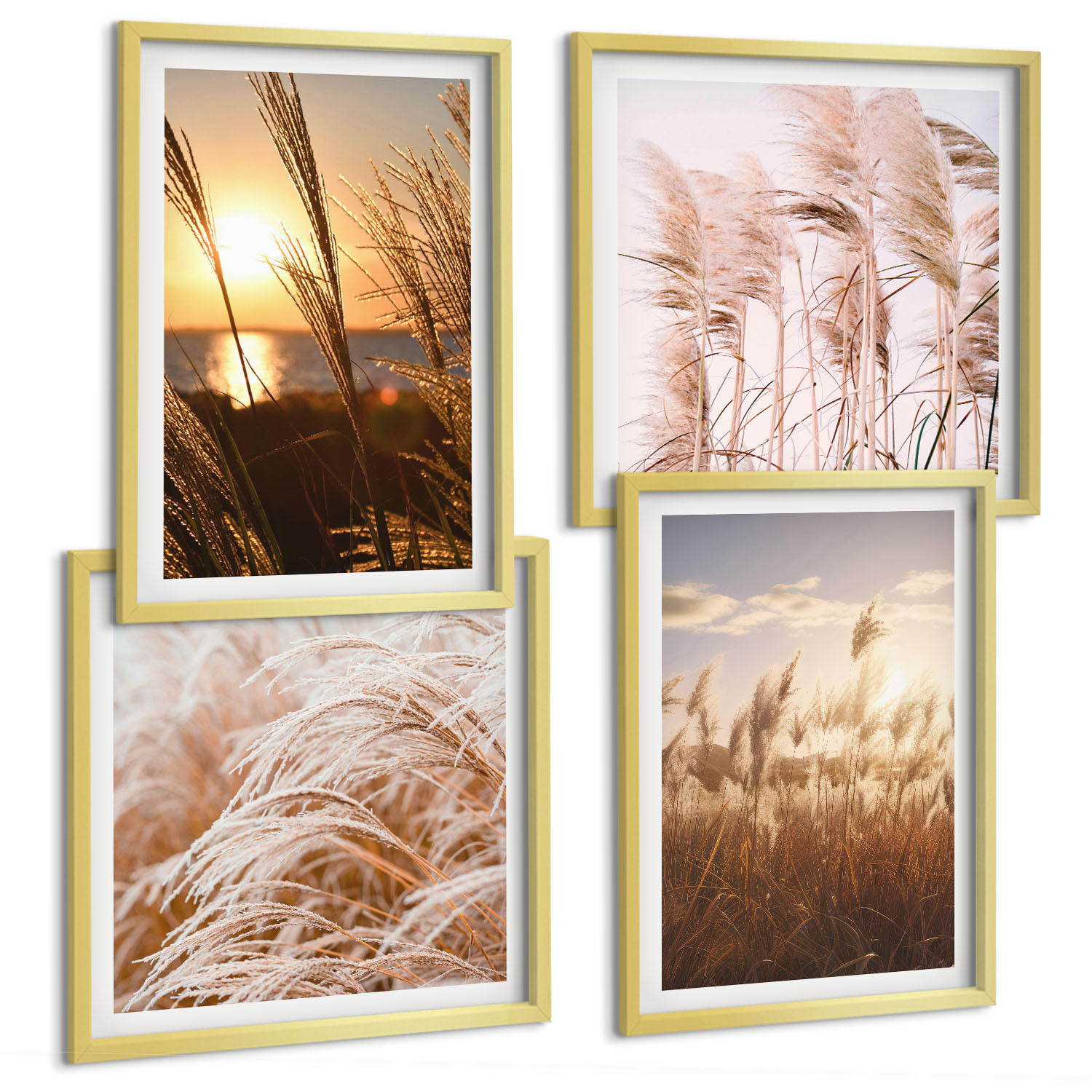 BILDER SET 4er Set - 50x50 cm & 40x60 cm Goldrahmen - Boho-Grasfeld-Sonnenuntergang - Goldfarben, Kunststoff (50/50cm) - TULUP