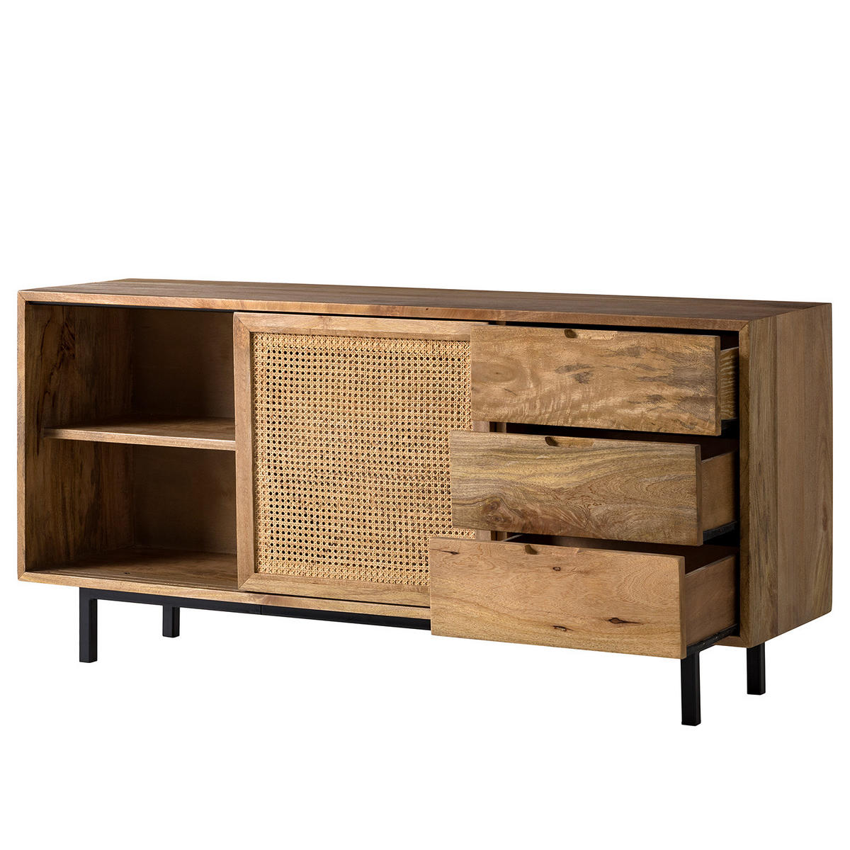 SIDEBOARD - Mango massiv / Wiener Geflecht - Beige/Schwarz, Holz (160/76/43cm) - home24