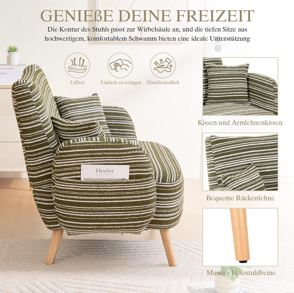 2-SITZER-SOFA aus Bouclé 121x81,5x87 cm in Olivgrün mit Seitentaschen - Grün, Textil (81.5/87/121cm) - Modfu
