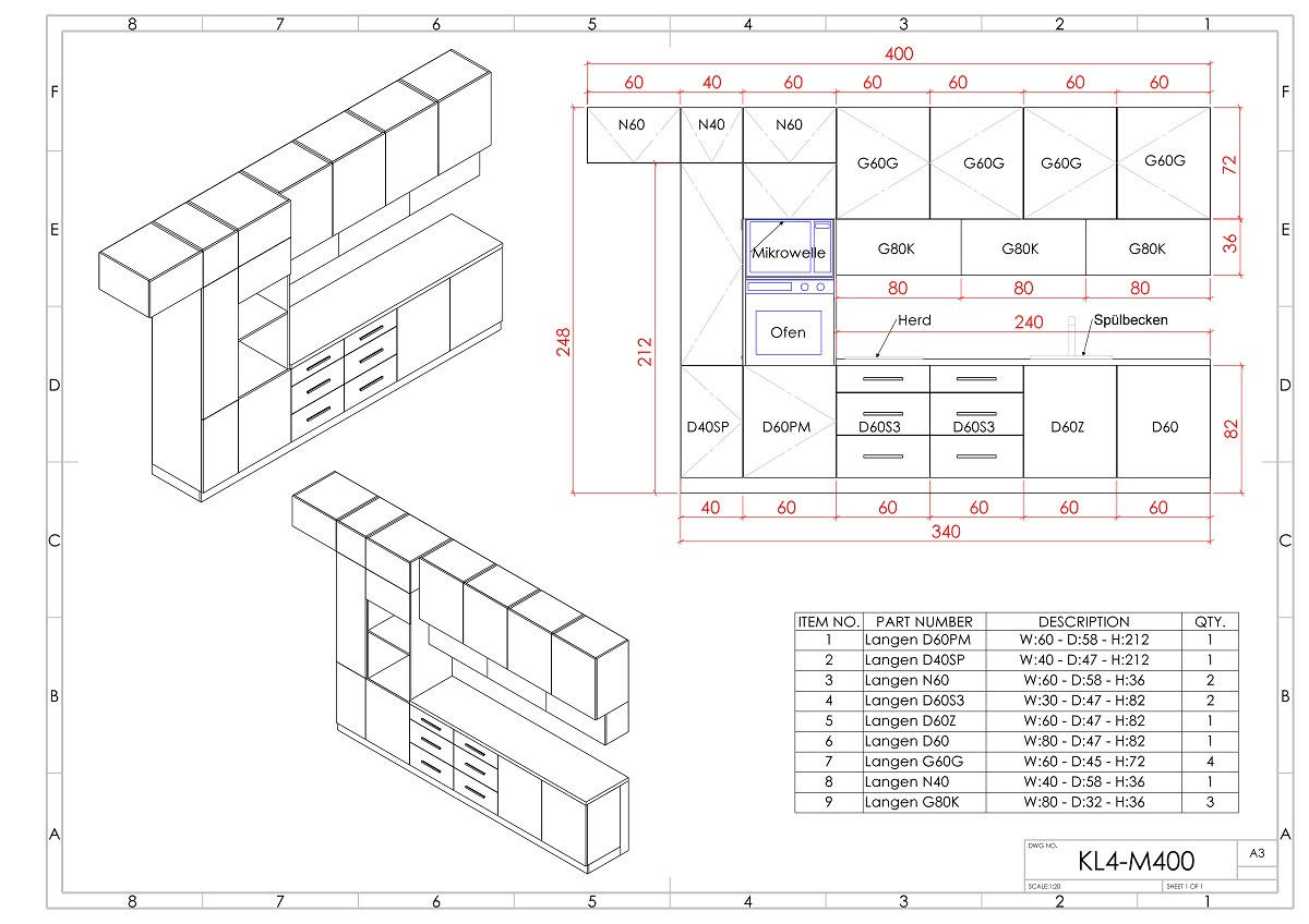 KÜCHENZEILE 400 - Langen KL4-M400 in Grau / Artisan Eiche - Eiche Artisan/Grau, Holz (400/248/58cm)