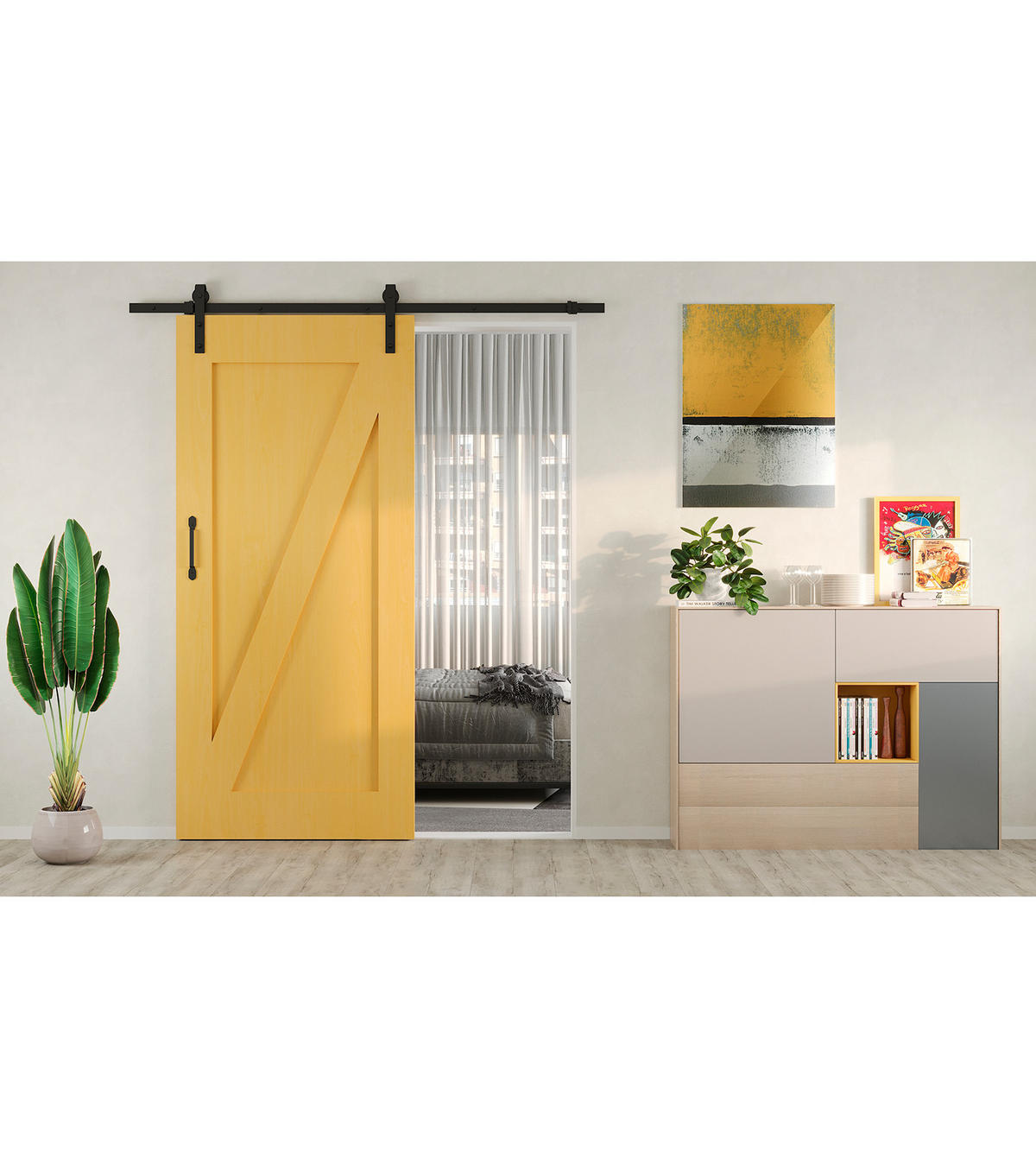 HARDWARE SET für eine Barn Holz Hänge-Schiebetür, ohne sanftes Schließen, ohne Bretter, Stahl und Kunststoff, Schwarz lackiert - Schwarz, Metall (10/25/200cm) - EMUCA