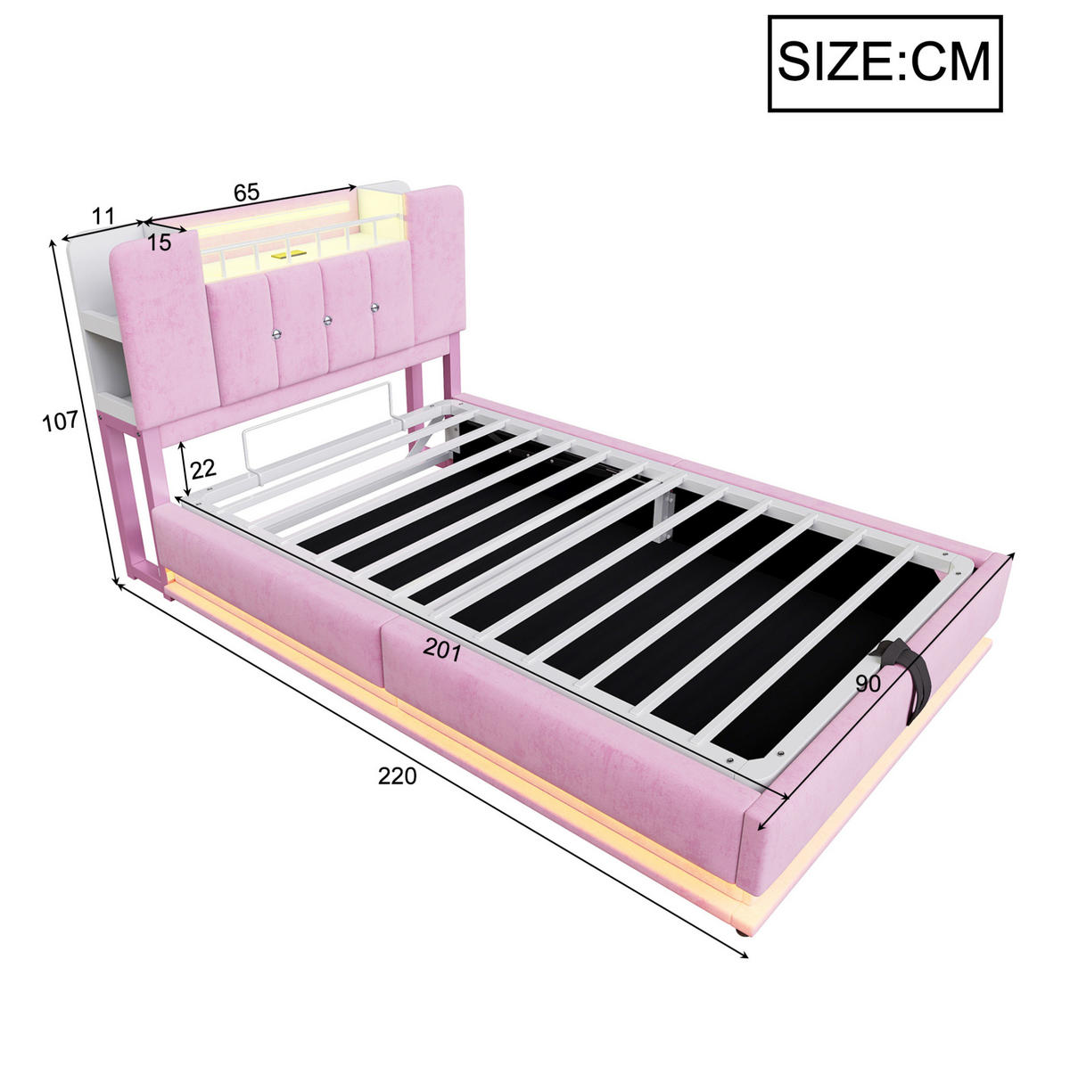 KINDERPOLSTERBETT aus Samt 90x200 cm Rosa mit LED-Beleuchtung, USB-Anschluss und hydraulischem Stauraum - Rosa, Textil (90/200cm) - IVMEU
