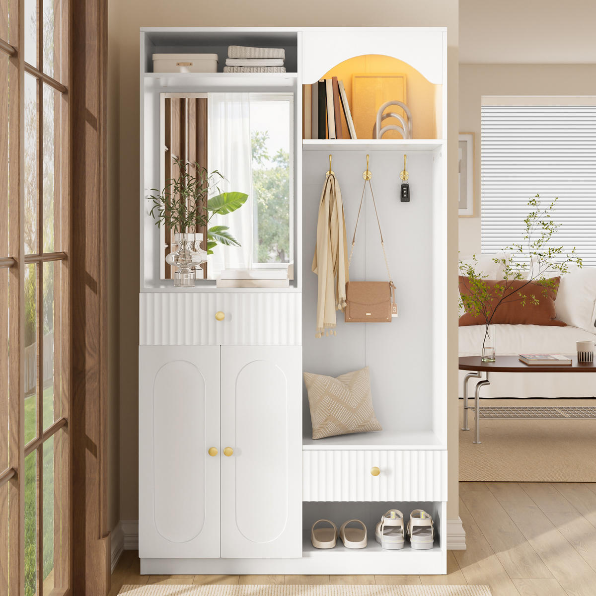 GARDEROBE 100cm Weiß mit LED, Spiegel, Schuhschrank & Sitzbank - Weiß, Holzwerkstoff (100/180/35cm) - Urban Meuble