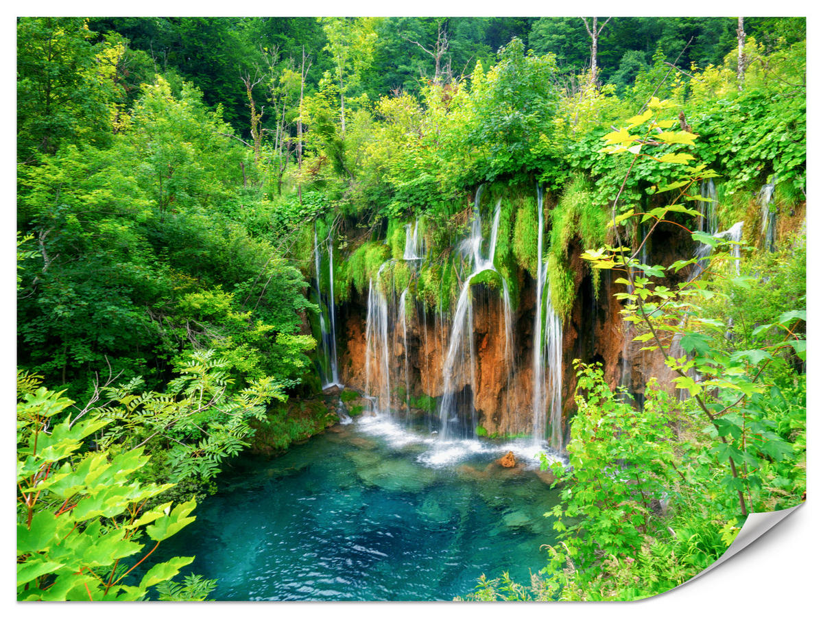 FOTOTAPETE für Esszimmer Exotischer Wasserfall Dschungelwald 350x256 - Türkis/Braun, Papier (350/256cm) - Muralo