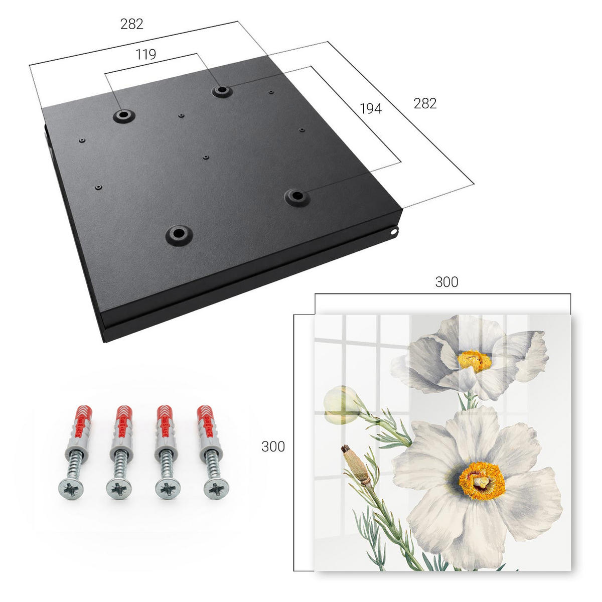 SCHLÜSSELBOX Schwarz 30x30 cm- Türöffnung nach rechts - Blumen Natur - Weiß, Metall (30/30/5cm) - TULUP