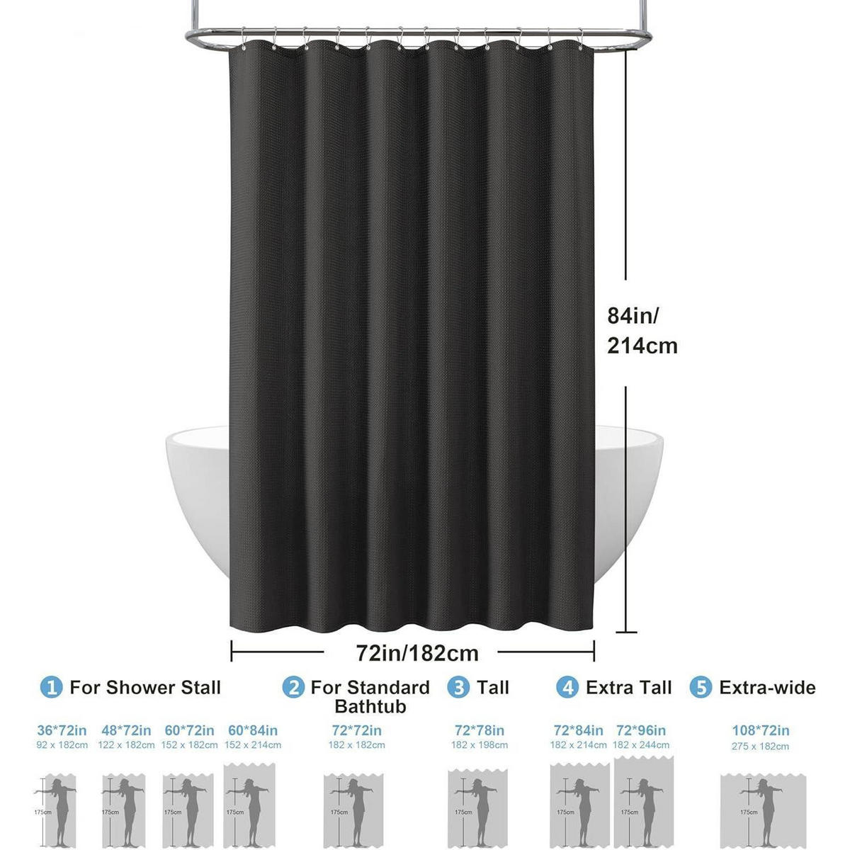 DUSCHVORHANG Waffelstoff Schwarz 182 x 214 cm - Schwarz, Textil (182/214cm)