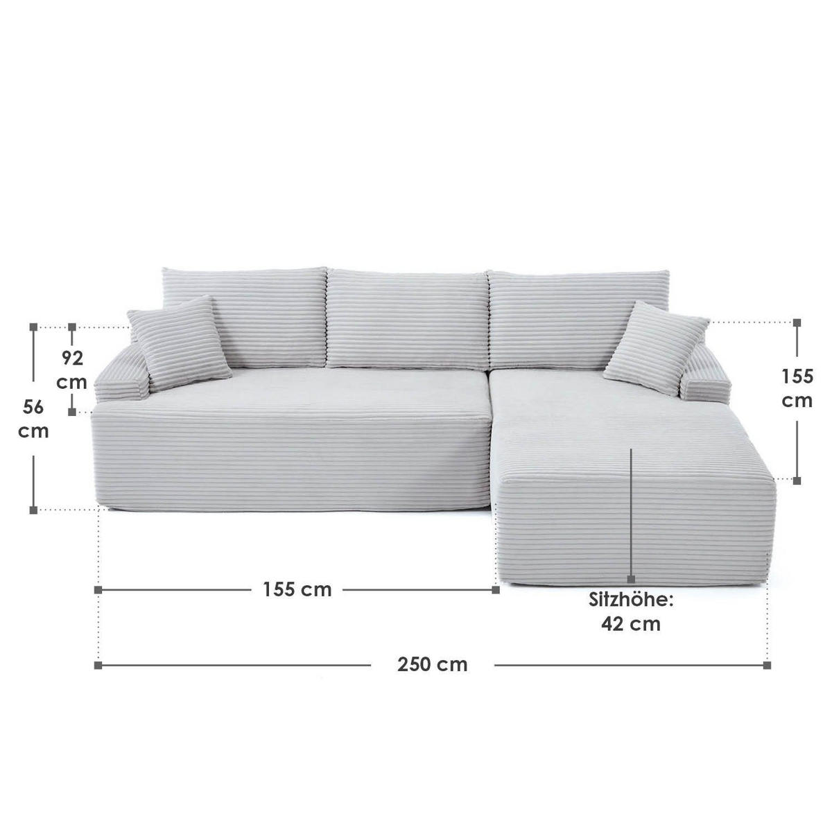 SOFA Coredo hellgrau Cord - Hellgrau, Textil (250/155cm) - Juskys