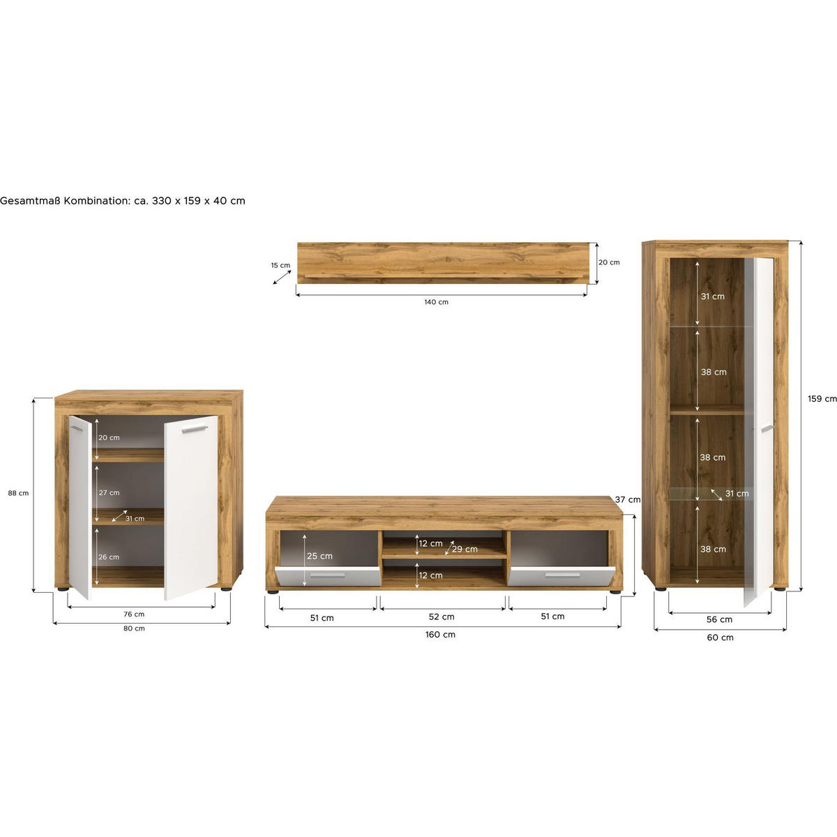 WOHNWAND Jam 35/330/159 cm - Weiß, Holzwerkstoff (330/159/35cm) - Xonox