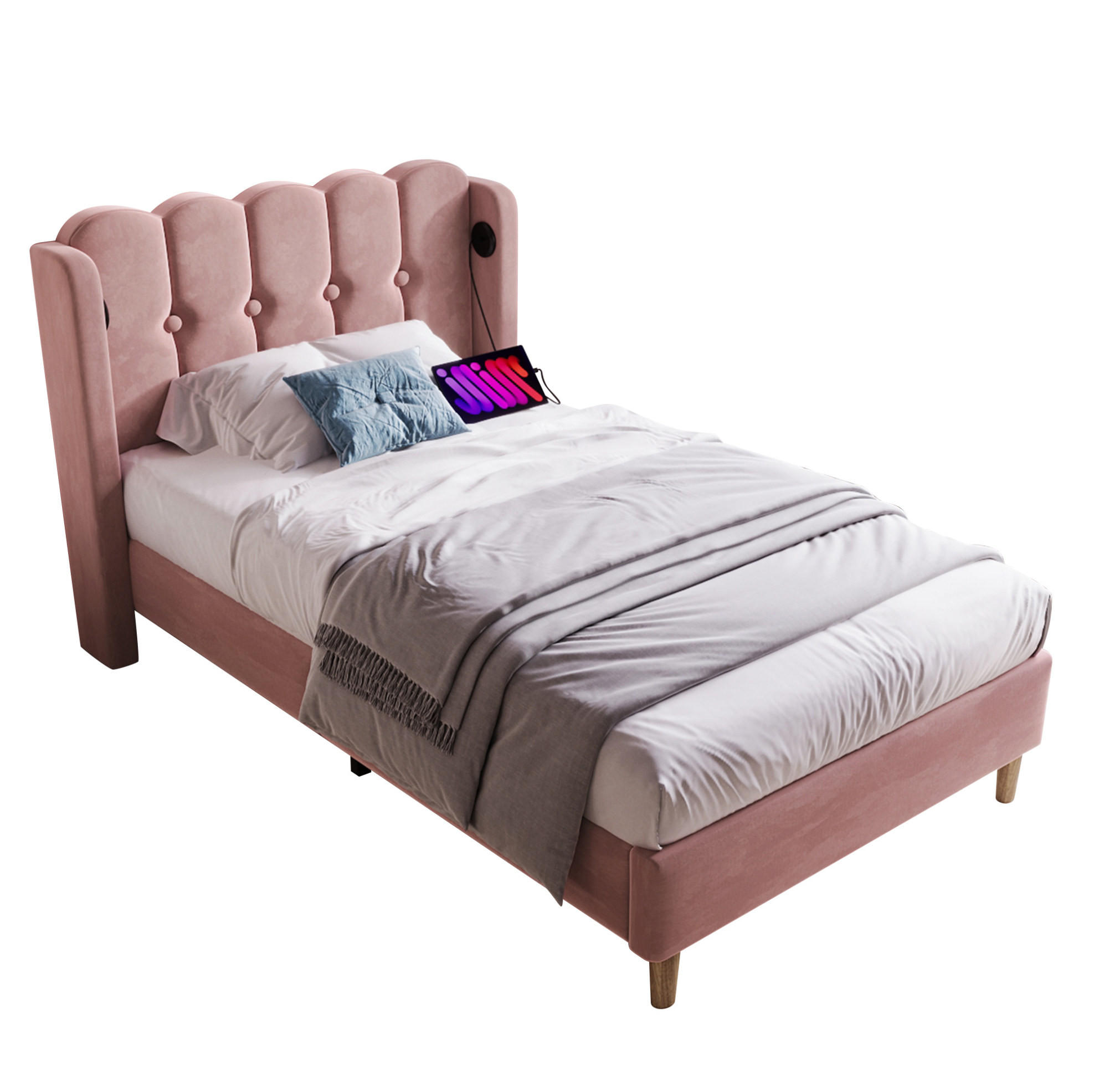 POLSTERBETT 90/200 cm in Rosa aus Samt mit USB- und Type-C-Anschlüssen - Rosa, Textil (90/200cm) - Flora Grace