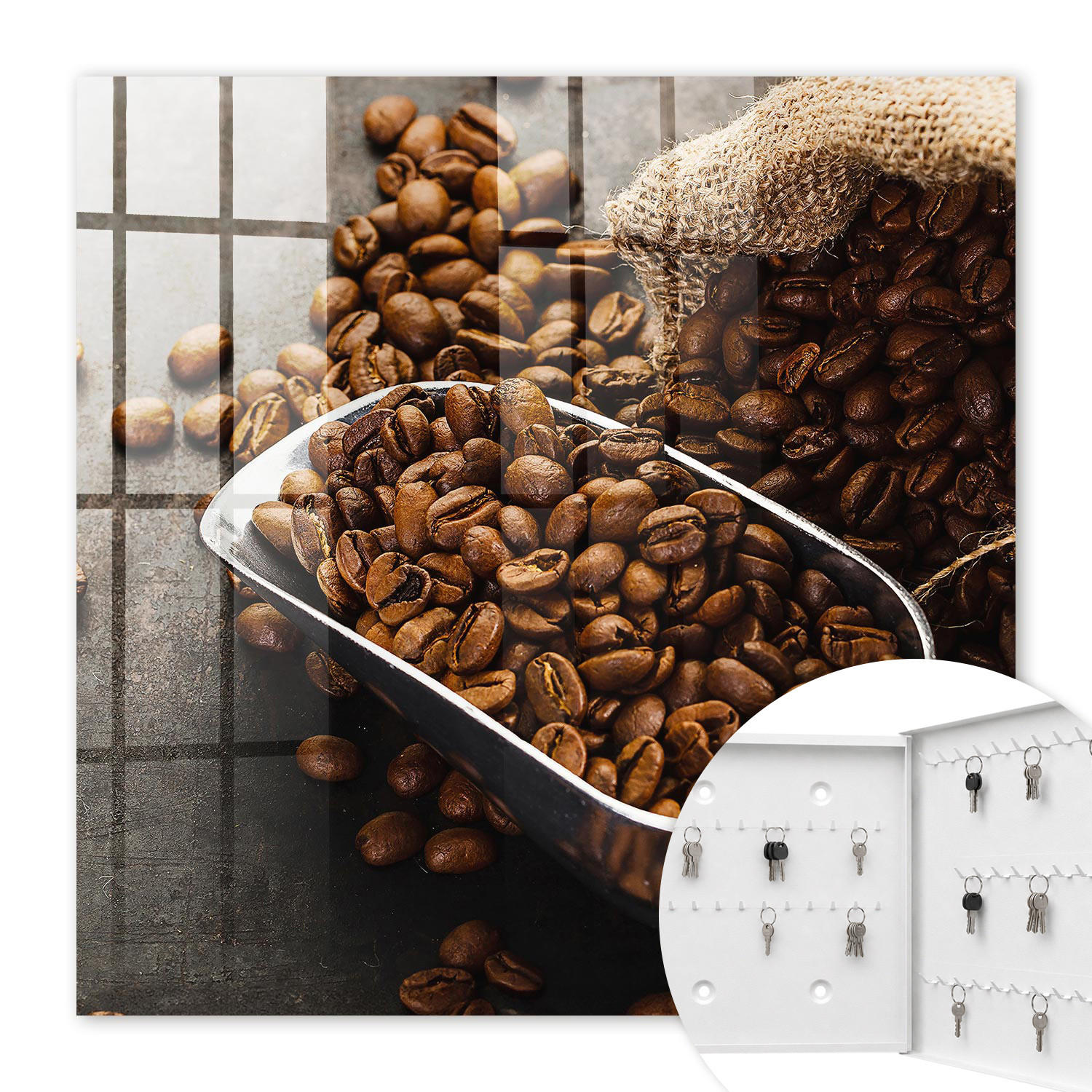 SCHLÜSSELBOX Weiß 30x30 cm – Türöffnung nach rechts - Kaffeebohnen - Braun, Metall (30/30/5cm) - TULUP