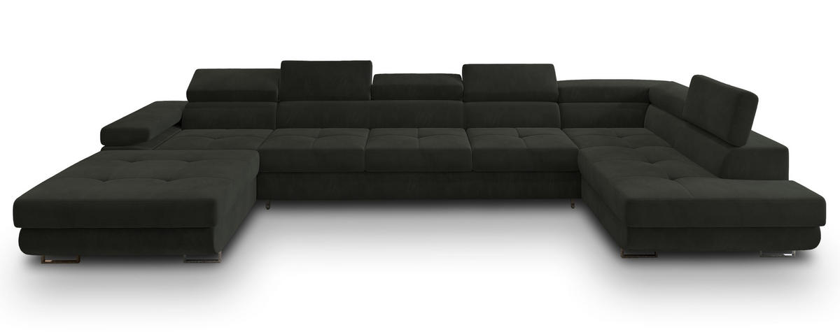 WOHNLANDSCHAFT TORIVA R-S Schwarz Velours-Stoff mit Schlaffunktion - Schwarz, Holz (418/90/202cm) - MASSENO