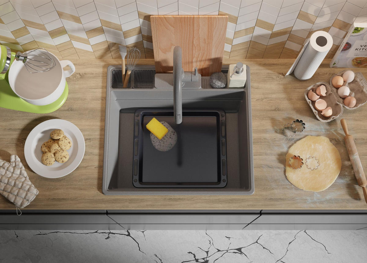 GRANITSPÜLE New York, 2-er set Grau 58/53 cm 1 Becken + Küchenarmatur 38/14 cm + Ablauf-Set + Küchenzubehörset ab 60er Unterschrank - Chromfarben/Beige, Kunststoff (58/20/53cm) - Primagran