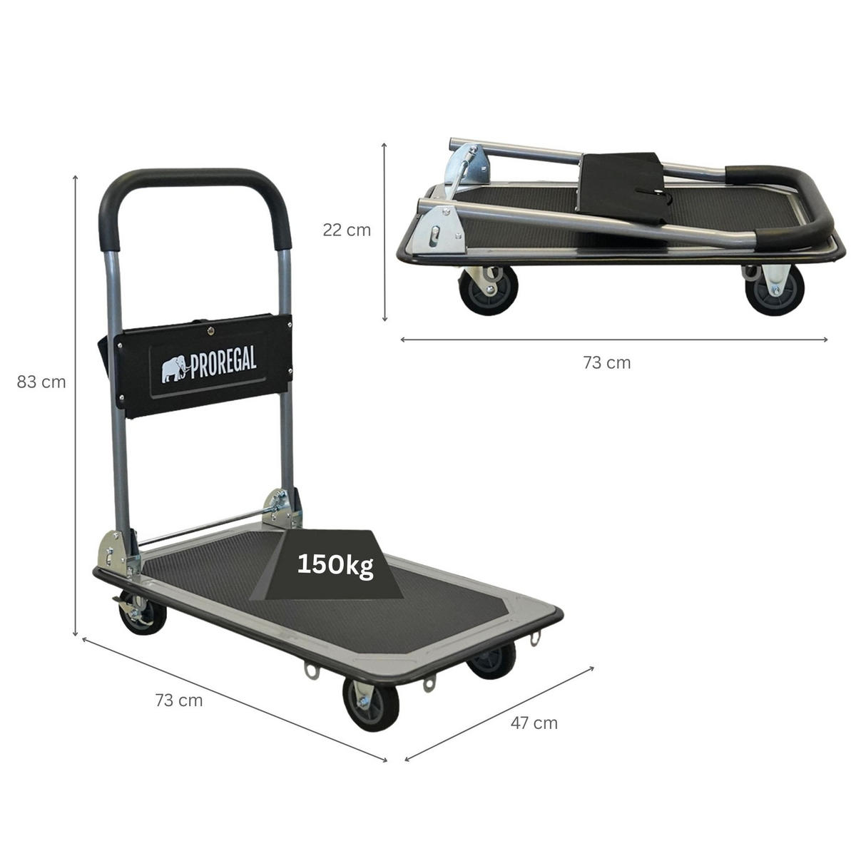 PLATTFORMWAGEN Transportwagen Rhino 150kg klappbar mit Gummiräder und Werkzeugtasche - Schwarz, Metall (73/47/83cm) - PROREGAL