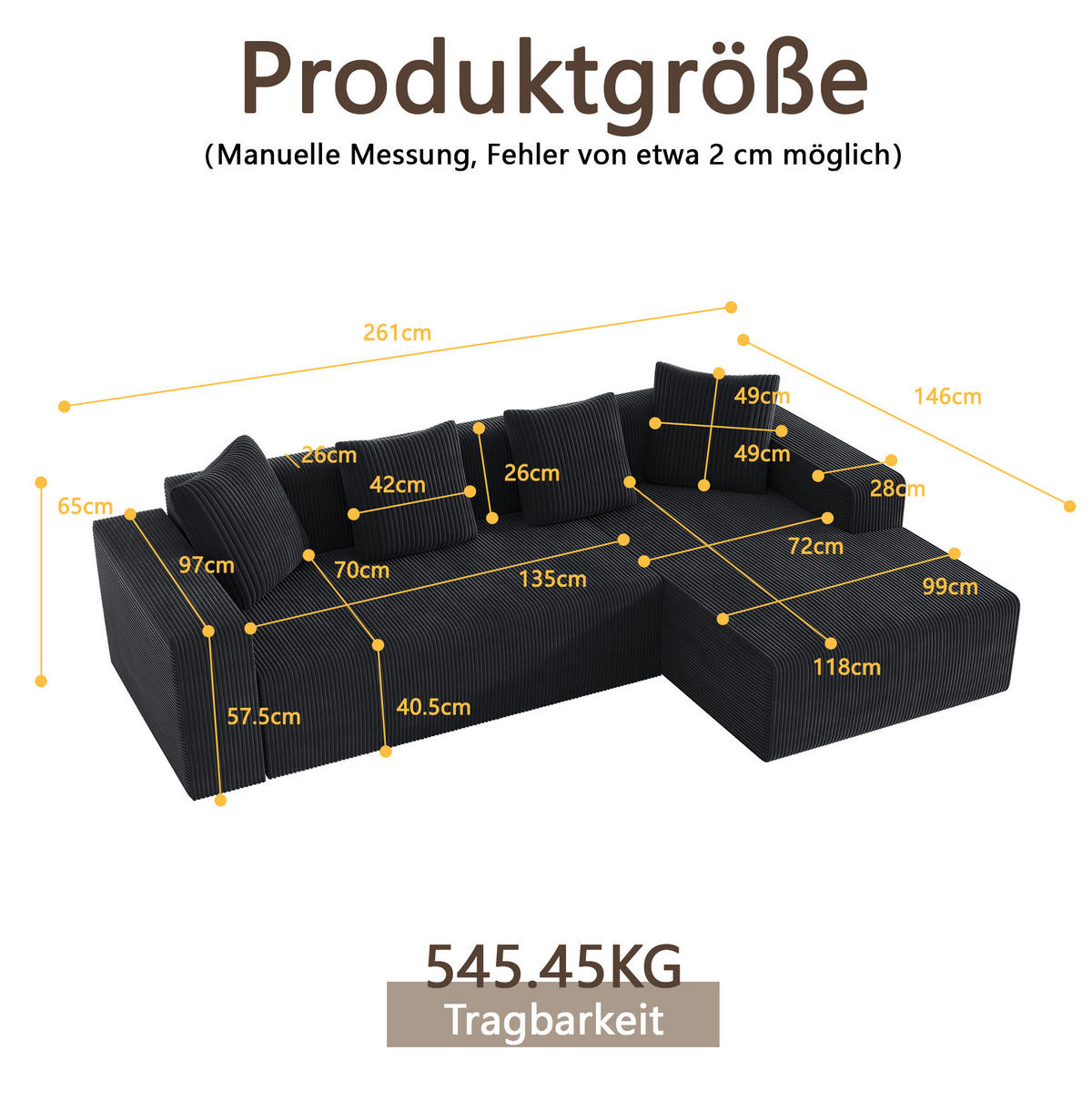 ECKSOFA aus Corduroy 261x146x65 cm in Schwarz mit modularer L-Form - Schwarz, Textil (146/261cm) - Modfu
