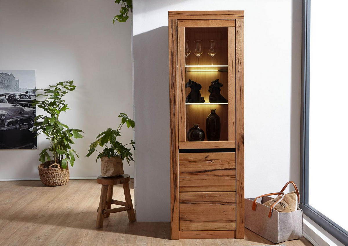 VITRINE Wild-/Zerreiche 62x42x191 natur geölt MONTREUX #120 - Braun, Holz (62/191/42cm) - Massivmoebel24