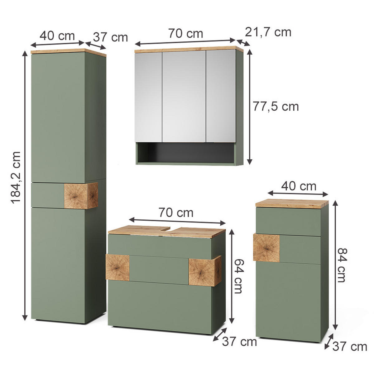 BADMÖBEL-SET Eden Grün 4 Teile - Grün, Holzwerkstoff (70/64.5/37cm) - Vicco