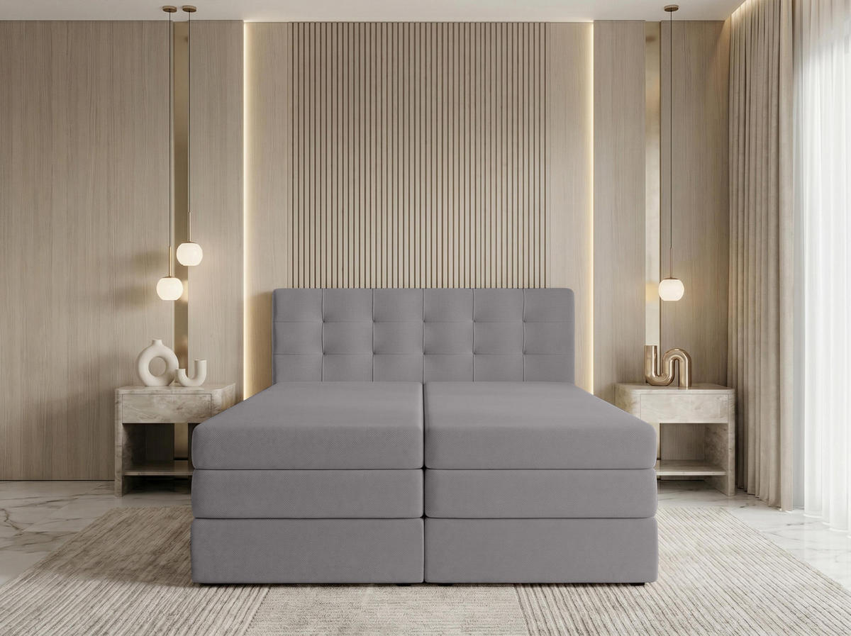BOXSPRINGBETT FINIKE 160x200 cm mit Bettkasten und 2 Matratzen - Hellgrau + TOPPER - Hellgrau/Schwarz, Holz/Holzwerkstoff (160/200cm) - AX Living
