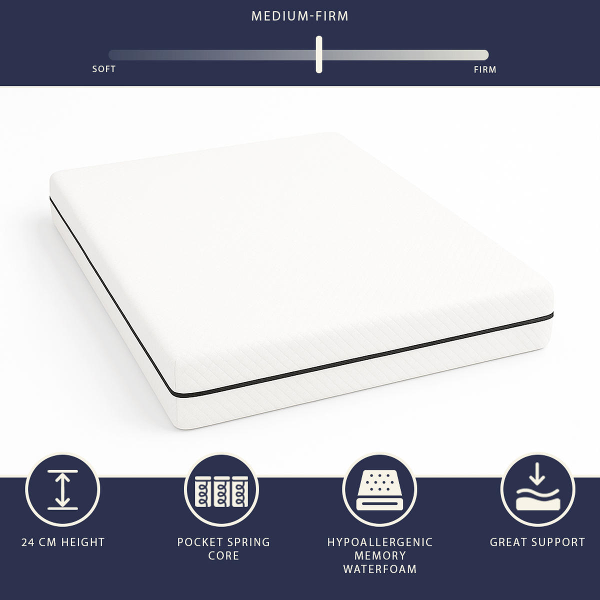 MATRATZE 120x200 mit Taschenfedern und Waterfoam | Höhe 24 cm | Orthopädisch und Hypoallergen - Weiß, Textil (120/200cm) - The White Stone