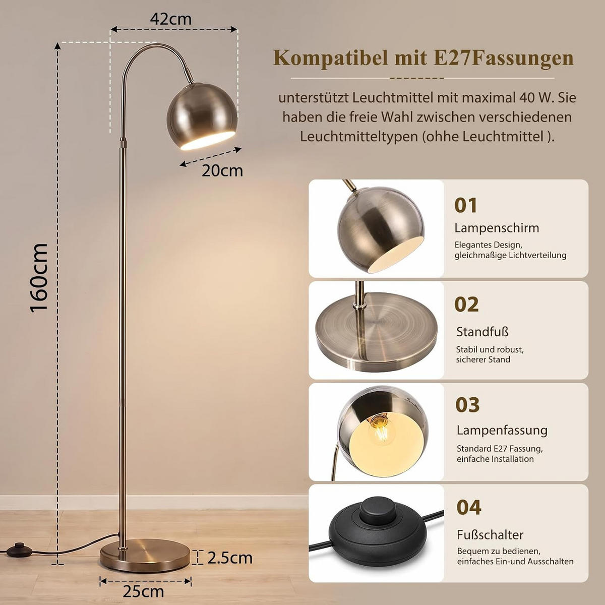 STEHLAMPE Vyvin 42/20/160 cm - Bronzefarben, Metall (42/20/160cm) - ZMH