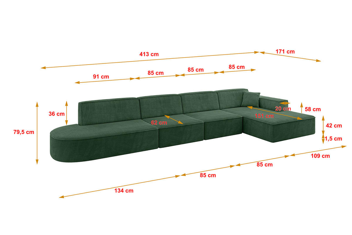 ECKSOFA Ottomane Rechts IREA-L3-v4 - 413x171x79 cm Grün - Currygelb, Holzwerkstoff/Textil (171/413cm) - ALTDECOR