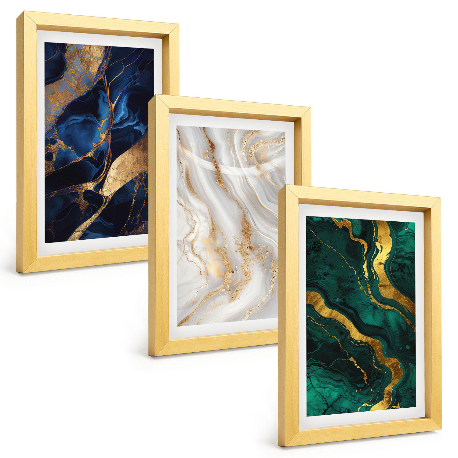 BILDER SET 3er Set - 20x30 cm Goldrahmen - Abstrakte blaugrüne Muster - Goldfarben, Kunststoff (20/30cm) - TULUP