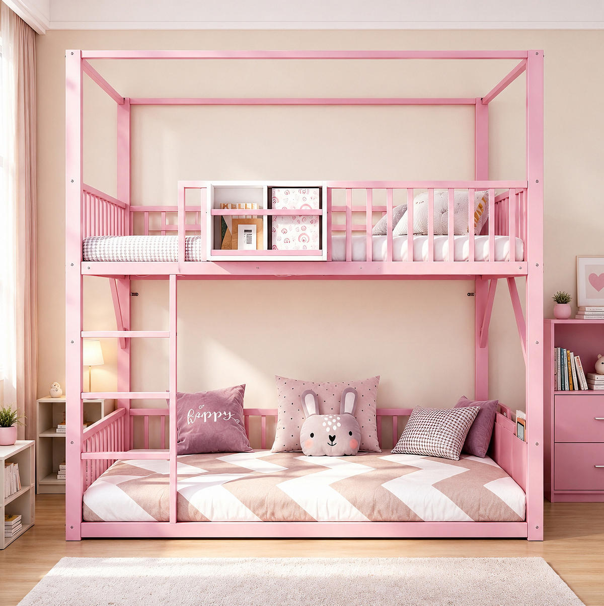 ETAGENBETT aus Metall und MDF 90x200 cm Rosa mit Dachkonstruktion, Regal und Seitentasche - Pink, Metall (90/200cm) - Modfu