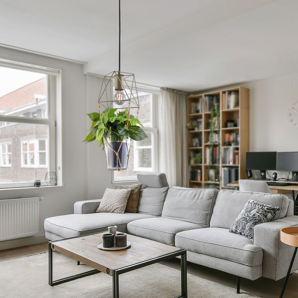 HÄNGELEUCHTE KÄFIG-OPTIK Metall Glas Sisal Grau - Grau, Glas (22/22/150cm)