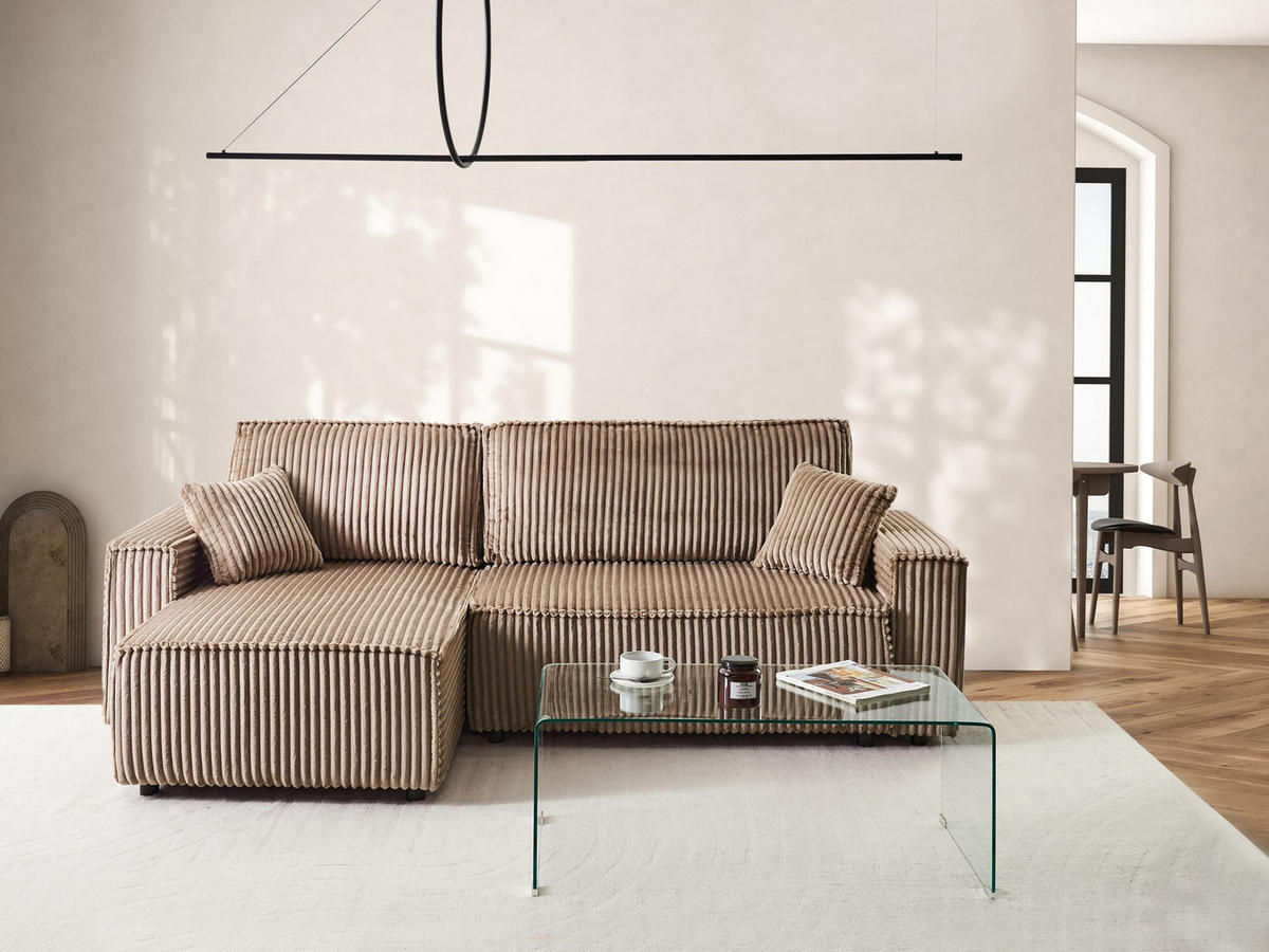 ROZKLÁDACÍ ROHOVÁ POHOVKA 3-místná Manšestr Světle hnědá s úložným prostorem pravostranná Abacka - světle hnědá, textil (247/147cm) - Beliani