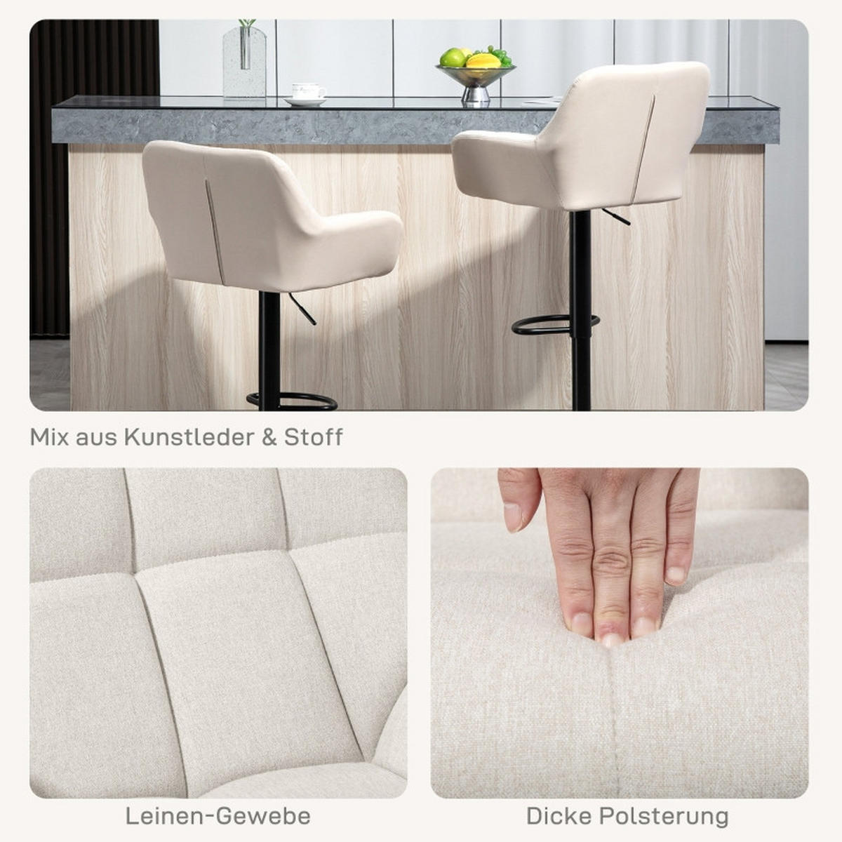 BARHOCKER DE-35970 2er Set höhenverstellbar drehbar Creme - Creme, Metall (52.5/114/57.5cm) - ComfortXL