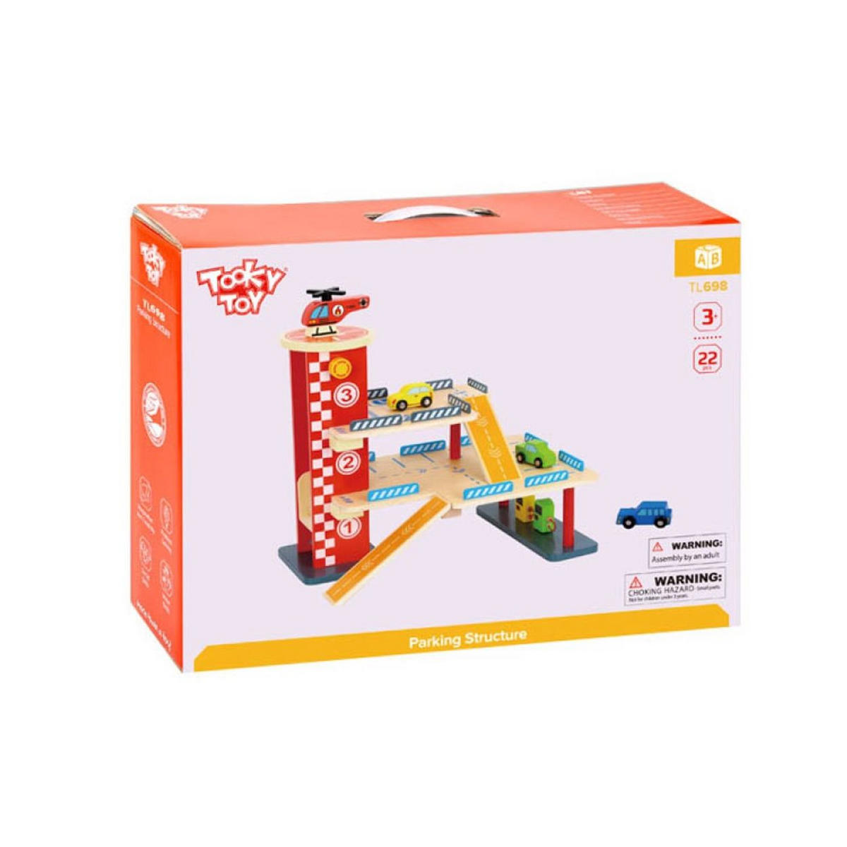 SPIELZEUG Parkhaus TL698 bunt Holz, 22-teilig, 3 Etagen, Tankstelle, 3 Autos, Landeplatz, Rampe - Multicolor, Holz (30/50cm) - Tooky Toy