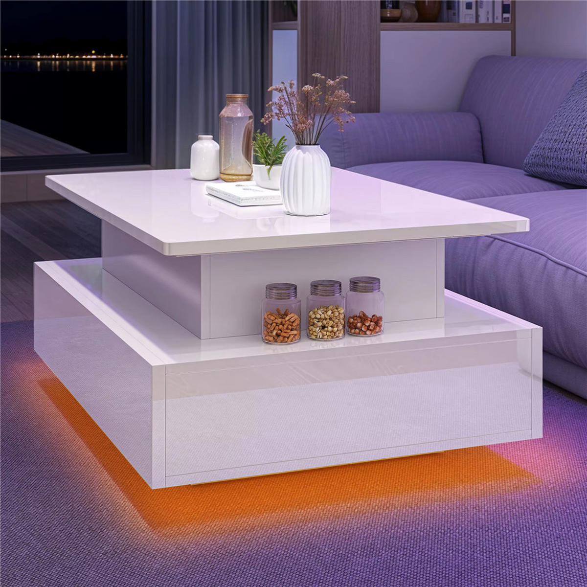 COUCHTISCH Lift-Top LED 16 Farben 2 Schubladen Weiß modern - Weiß, Holz (55/85/56cm) - Kaket