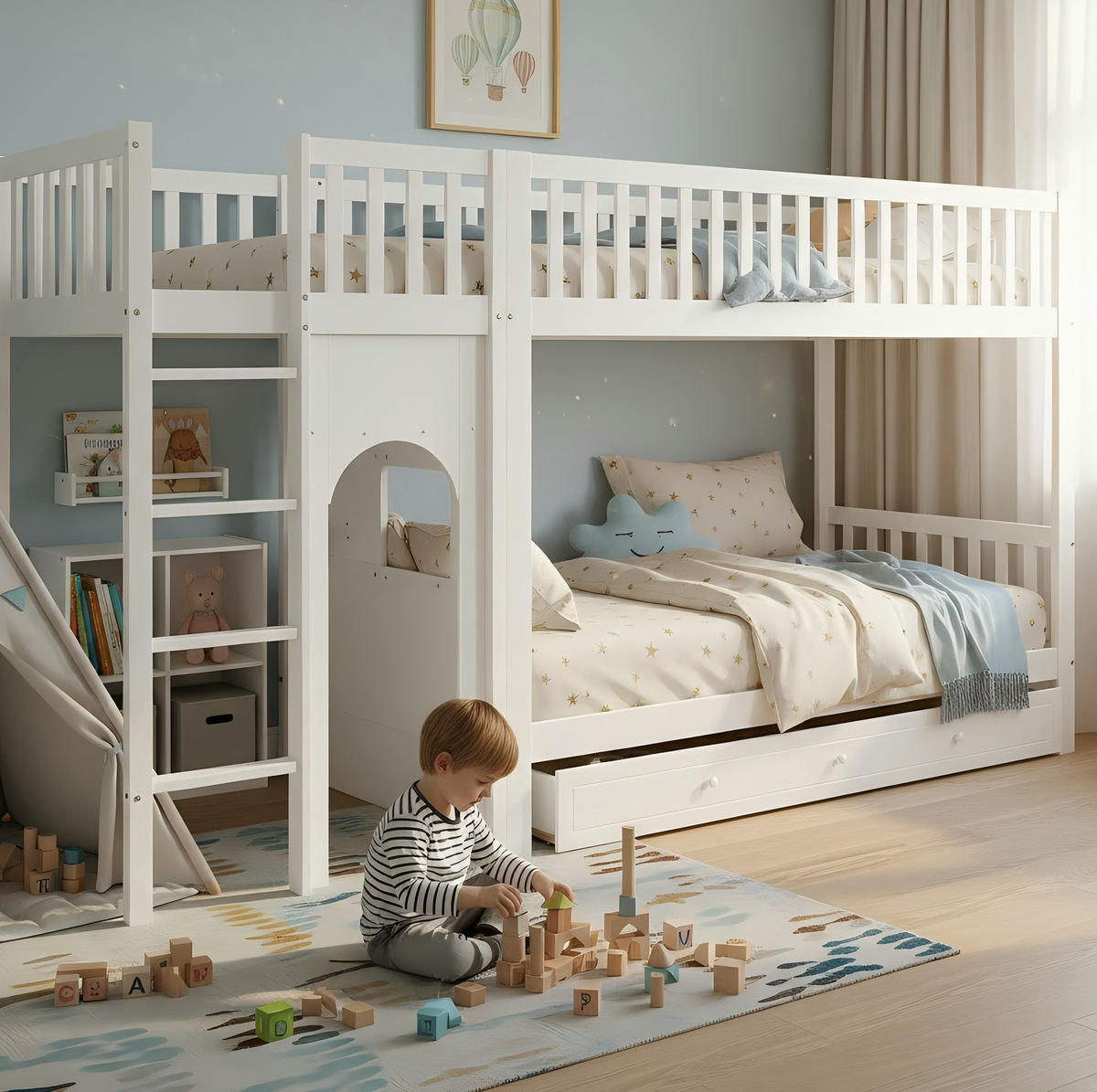 ETAGENBETT aus Kiefer und MDF 90x200 cm Weiß/Natur mit gerader Leiter und vierseitigem Geländer - Weiß, Holzwerkstoff (90/200cm) - Modfu