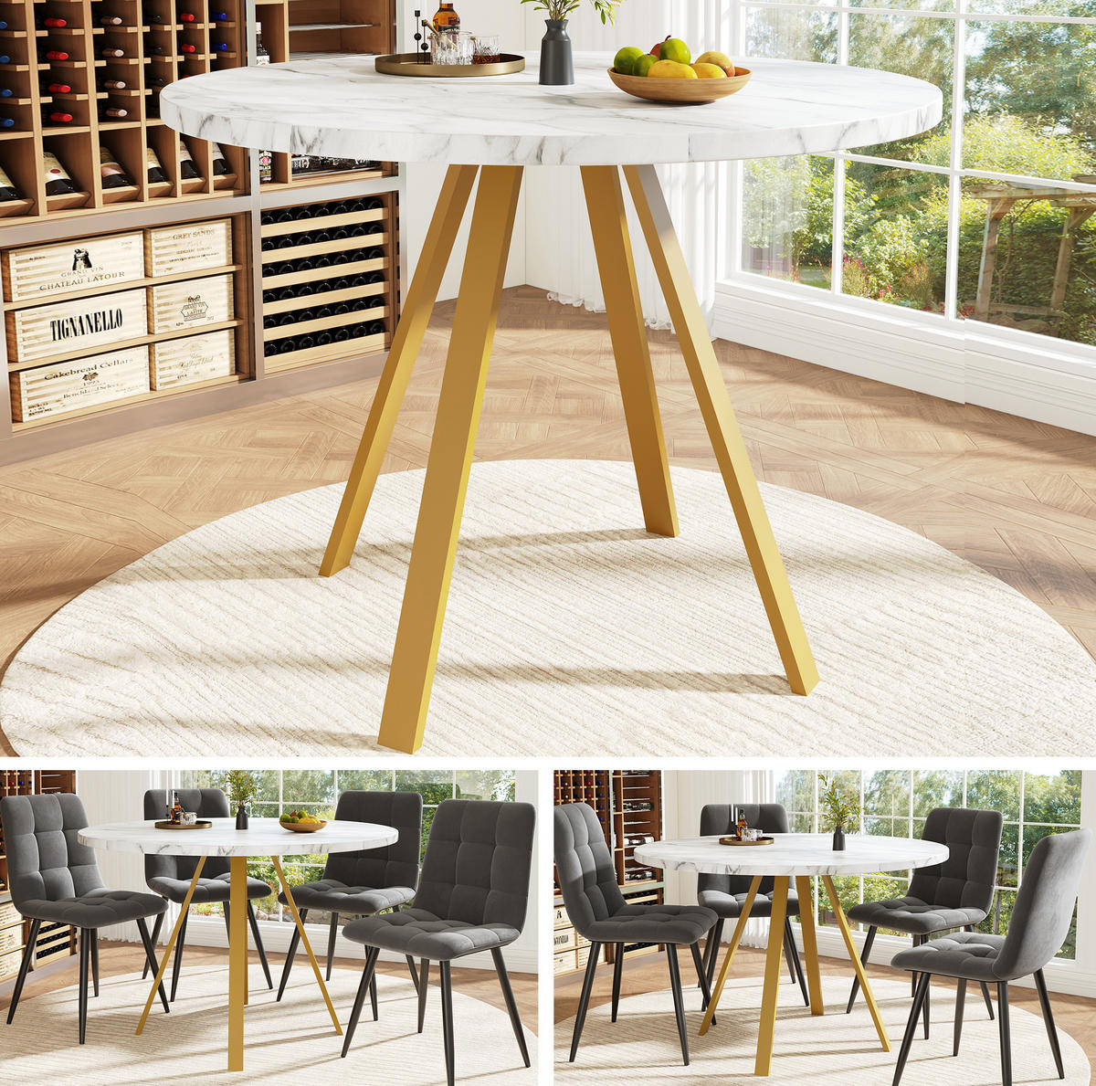 JÍDELNÍ stůl 80/80/75 cm bílá a zlatá z MDF a kovu s mramorovým dekorem - bílá, kompozitní dřevo (80/80/75cm) - OKWISH