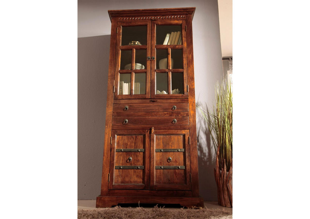 VITRINE Akazie 94x50x195 nougat lackiert OXFORD #452 - Dunkelbraun, Holz (94/195/50cm) - Massivmoebel24