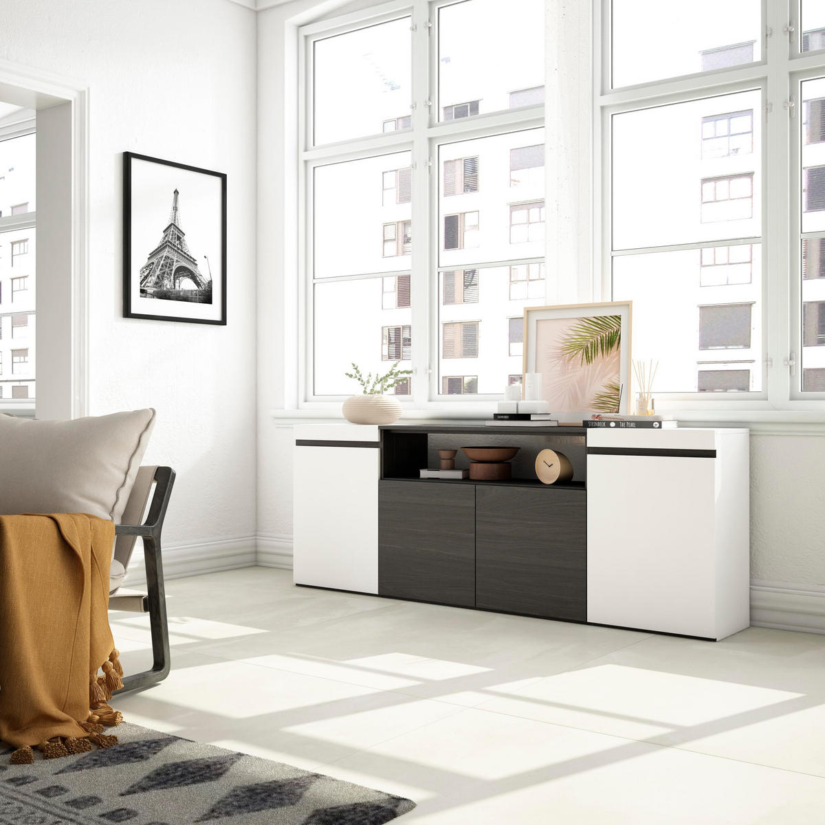 SIDEBOARD weiß und schwarz, 200/35/75cm - Multicolor, Holzwerkstoff (200/75/35cm) - Skraut Home