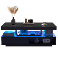 COUCHTISCH aus Spanplatte 95x50x42,5 cm Schwarz mit LED-Beleuchtung, 2 Schubladen, 2 offenen Fächern und Glaseinsätzen - Schwarz, Holzwerkstoff (95/50/42.5cm) - Modfu