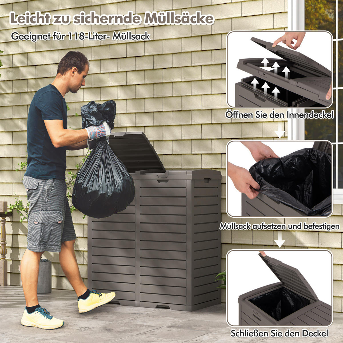 MÜLLEIMER 235 L mit Doppeldeckel braun - Braun, Kunststoff (77/86/40cm) - COSTWAY