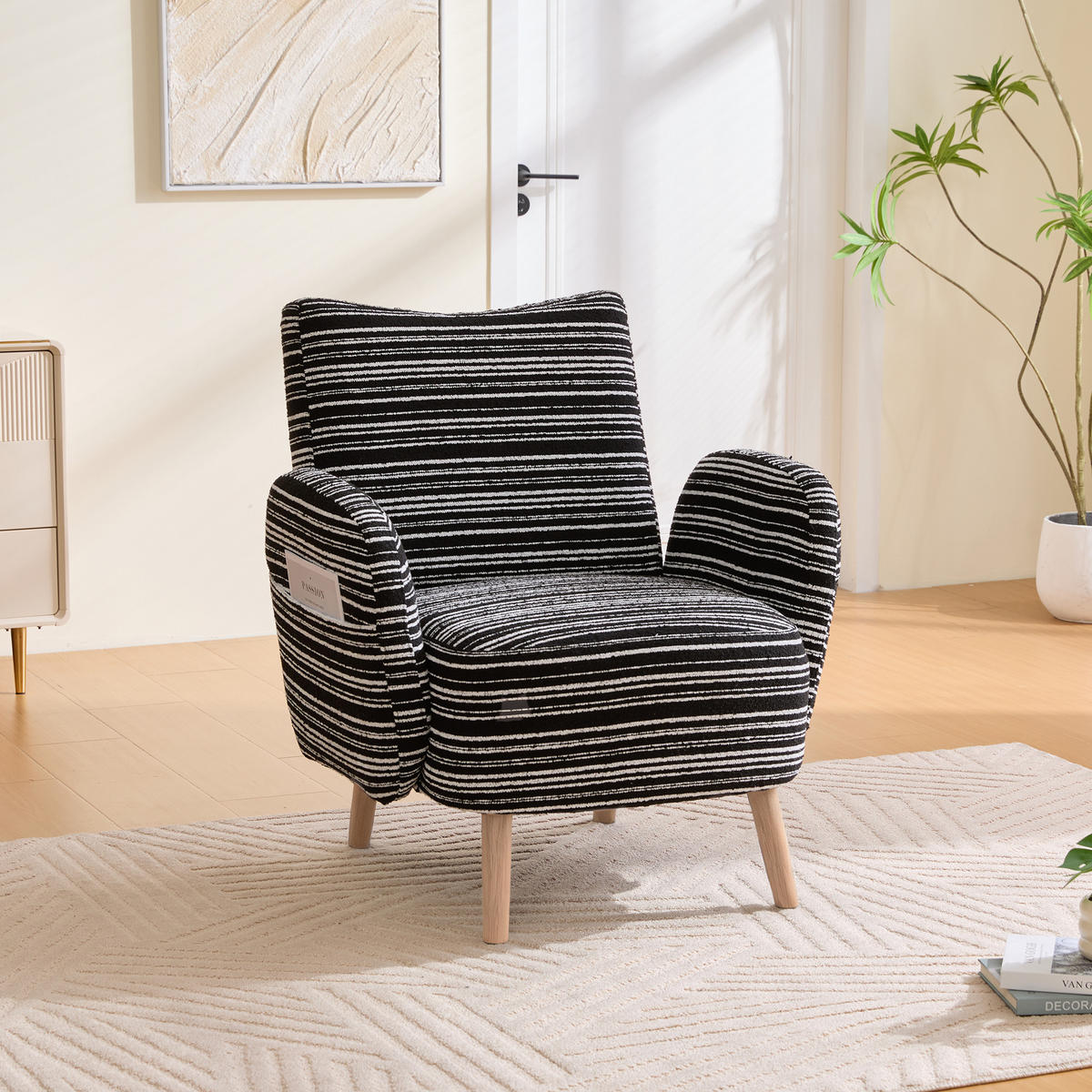 SESSEL Bouclé Schwarz mit Seitentasche - Schwarz, Holzwerkstoff/Textil (77/87/81cm) - WISHDOR