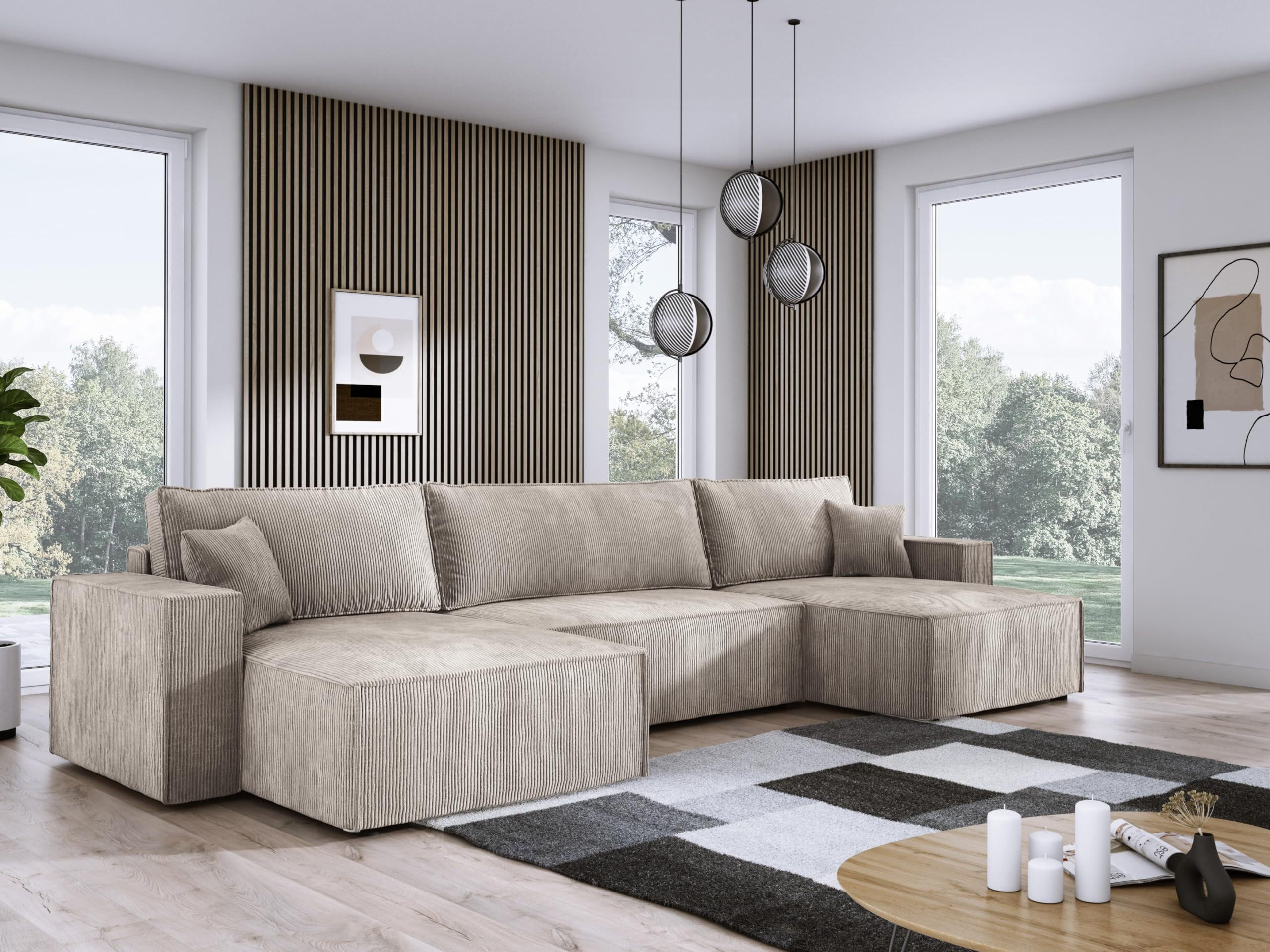 ECKSOFA Poso XXL U-förm, Schlaffunktion, weiche Kissen, Bettkasten, hochwertige Polsterung, lose Rückenkissen, freistehend, 377x143x83 cm Beige - Beige, Holz/Textil (377/83/143cm) - DomoHome