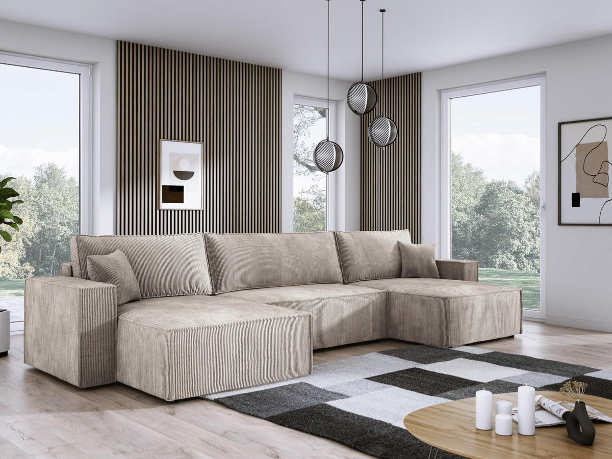 ECKSOFA Poso XXL U-förm, Schlaffunktion, weiche Kissen, Bettkasten, hochwertige Polsterung, lose Rückenkissen, freistehend, 377x143x83 cm Beige - Beige, Holz/Textil (377/83/143cm) - DomoHome
