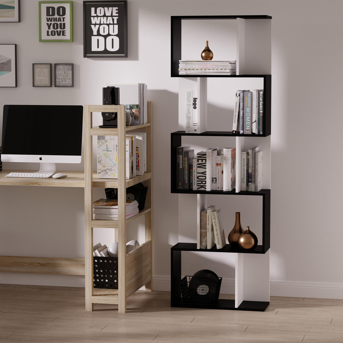 BÜCHERREGAL,5-STÖCKIG Trennwand 60x24x184,5cm,schwarz-weiß - Schwarz, Holzwerkstoff (60/184.5/24cm) - Vallsero