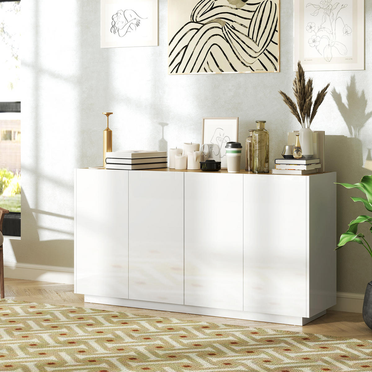 SIDEBOARD Weiß-Lack, Kiefer-Nachbildung, 4 Türen, 140/40/75 cm - Weiß Hochglanz, Holz (140/75/40cm) - PANGIVO