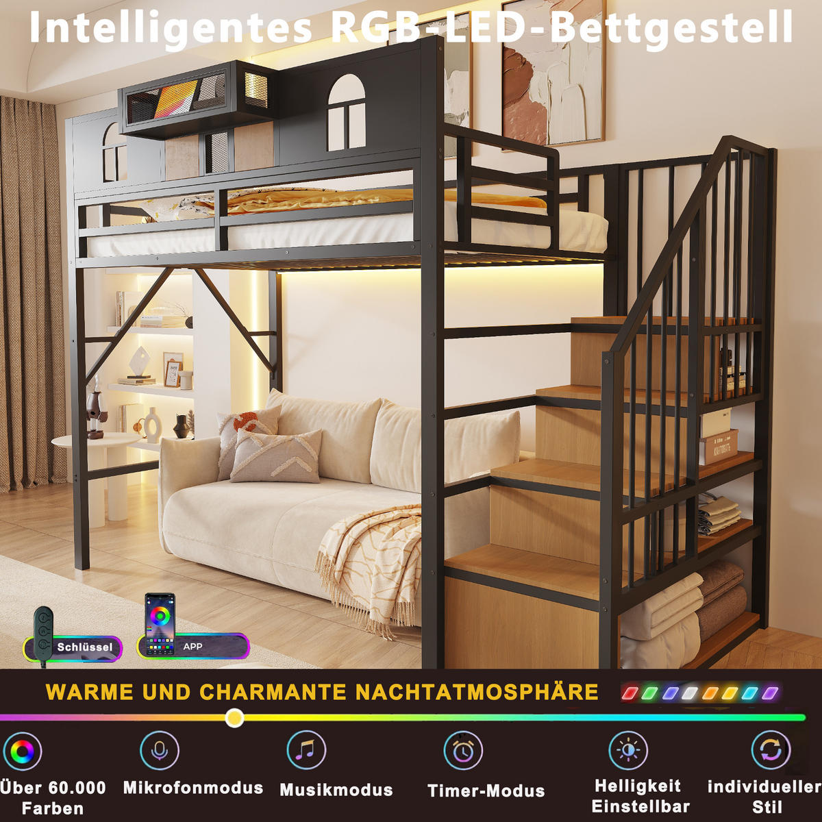 HOCHBETT aus Metall und MDF 90x200 cm Schwarz mit Lichtleiste, Stauraumleiter und Ablagefach - Schwarz, Metall (90/200cm) - Modfu