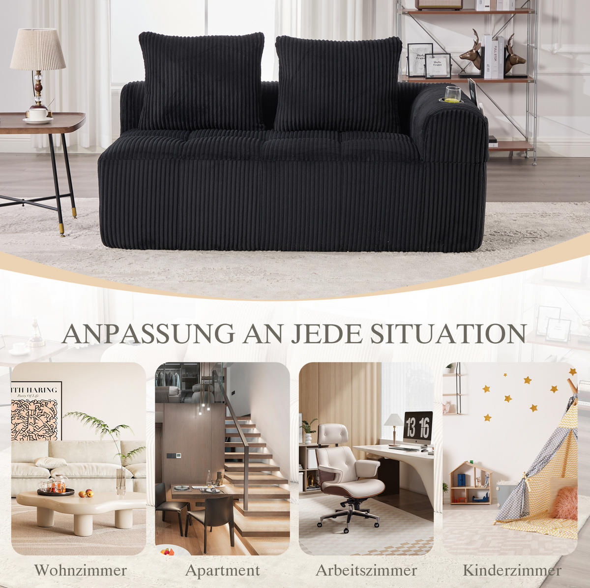 SOFA kompakt 158 x 93 x 61 cm Cord Black - Schwarz, Kunststoff (158.1/61/93cm) - Meubliv