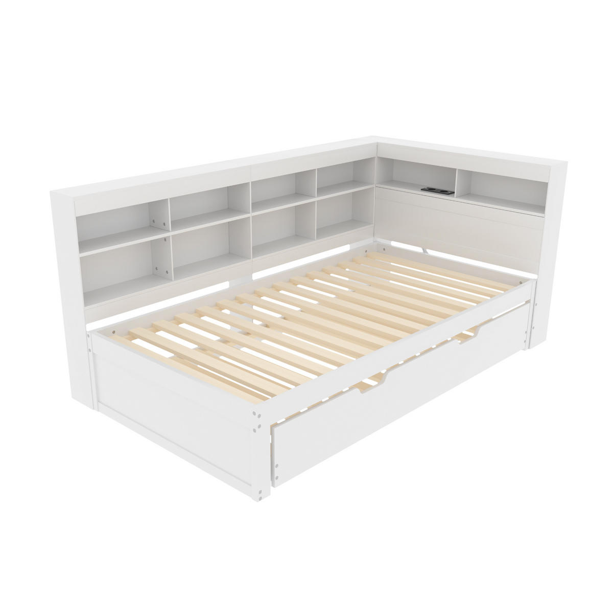 POSTEĽ 90/200 cm drevo biela, výsuvné lôžko, USB a úložné priestory - biela, drevo (90/200cm) - BEAOK