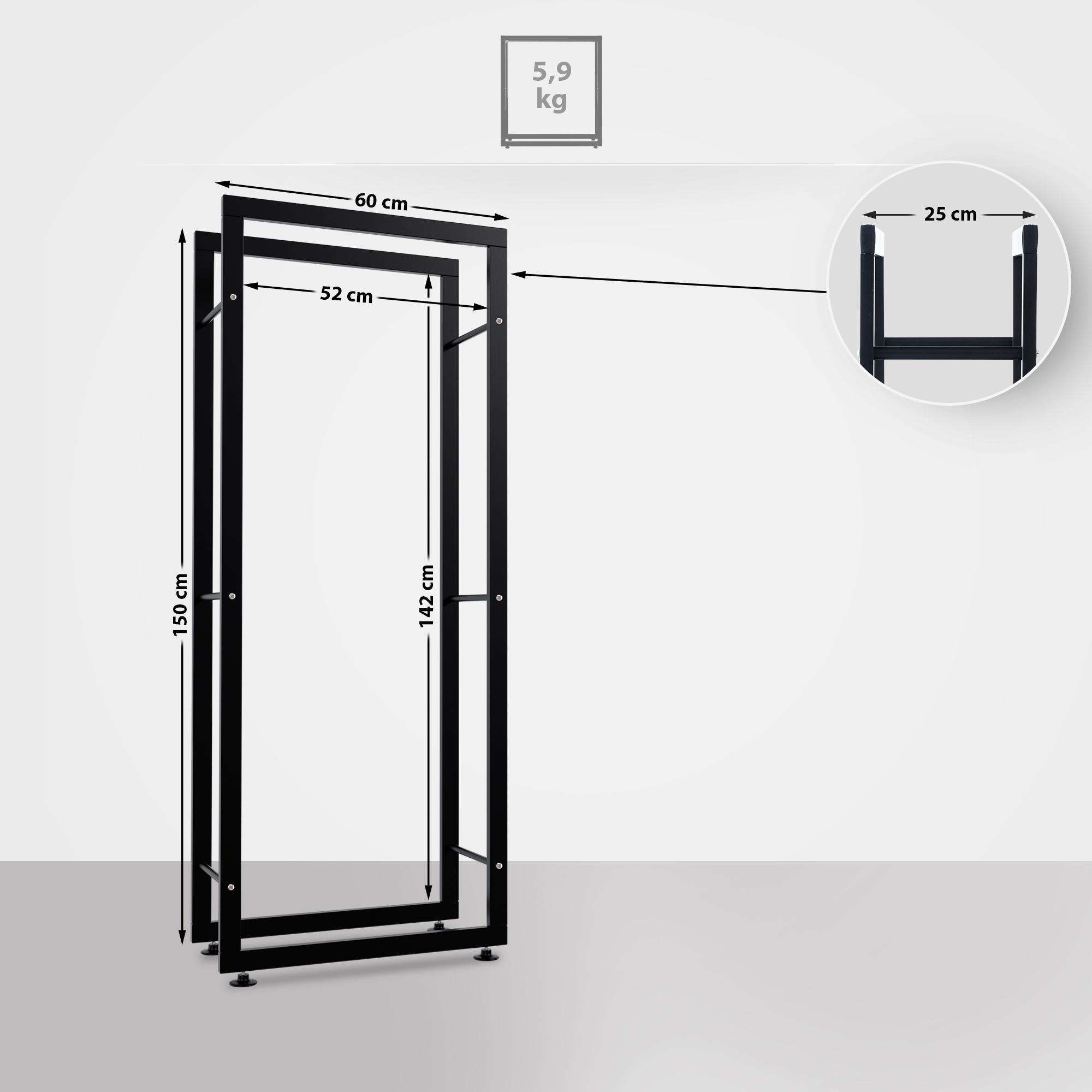 KAMINHOLZREGAL 60/25/150 cm Metall Schwarz - Schwarz, Metall (60/150/25cm) - CLP