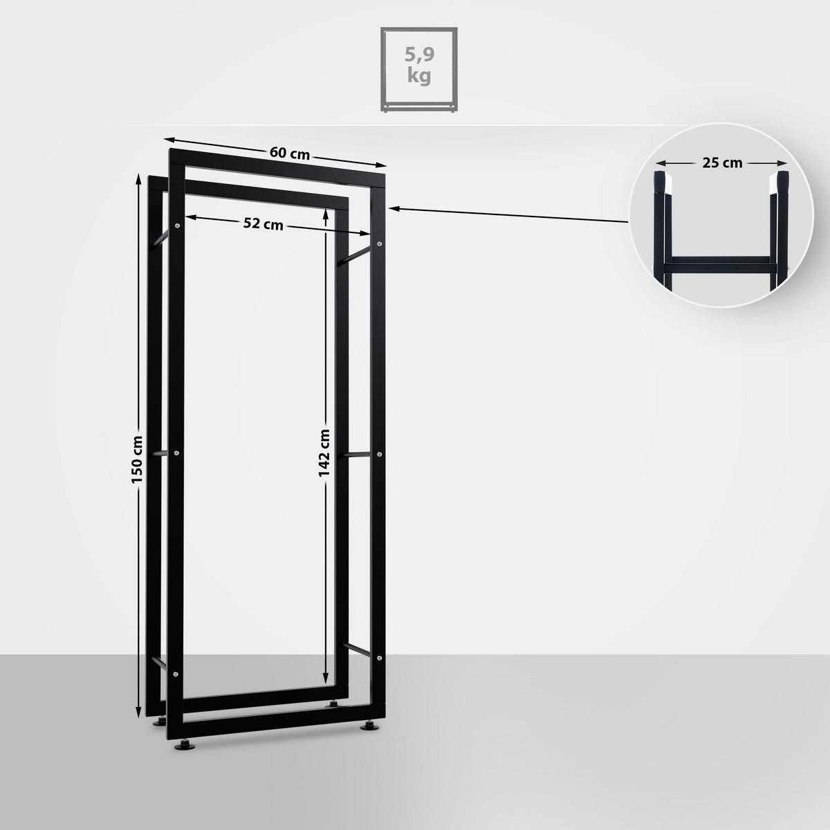 KAMINHOLZREGAL 60/25/150 cm Metall Schwarz - Schwarz, Metall (60/150/25cm) - CLP