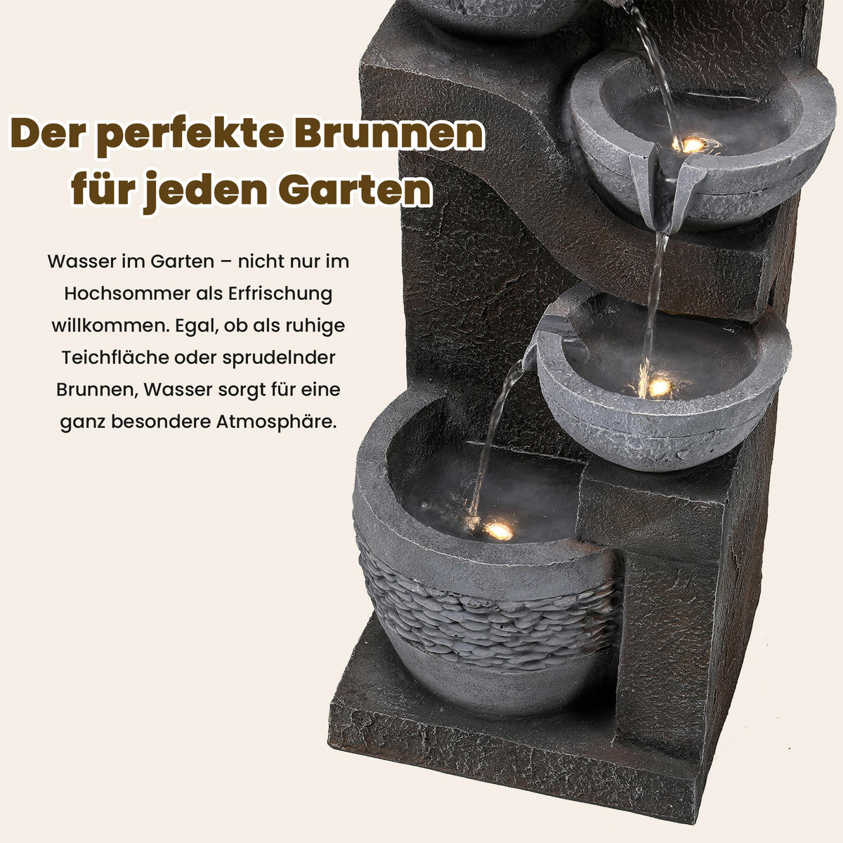 GARTENBRUNNEN, LED-Beleuchtung, Kunststein, Wasserspiel, Grau - Grau, Naturmaterialien (33.5/30.5/77.5cm) - FLIEKS