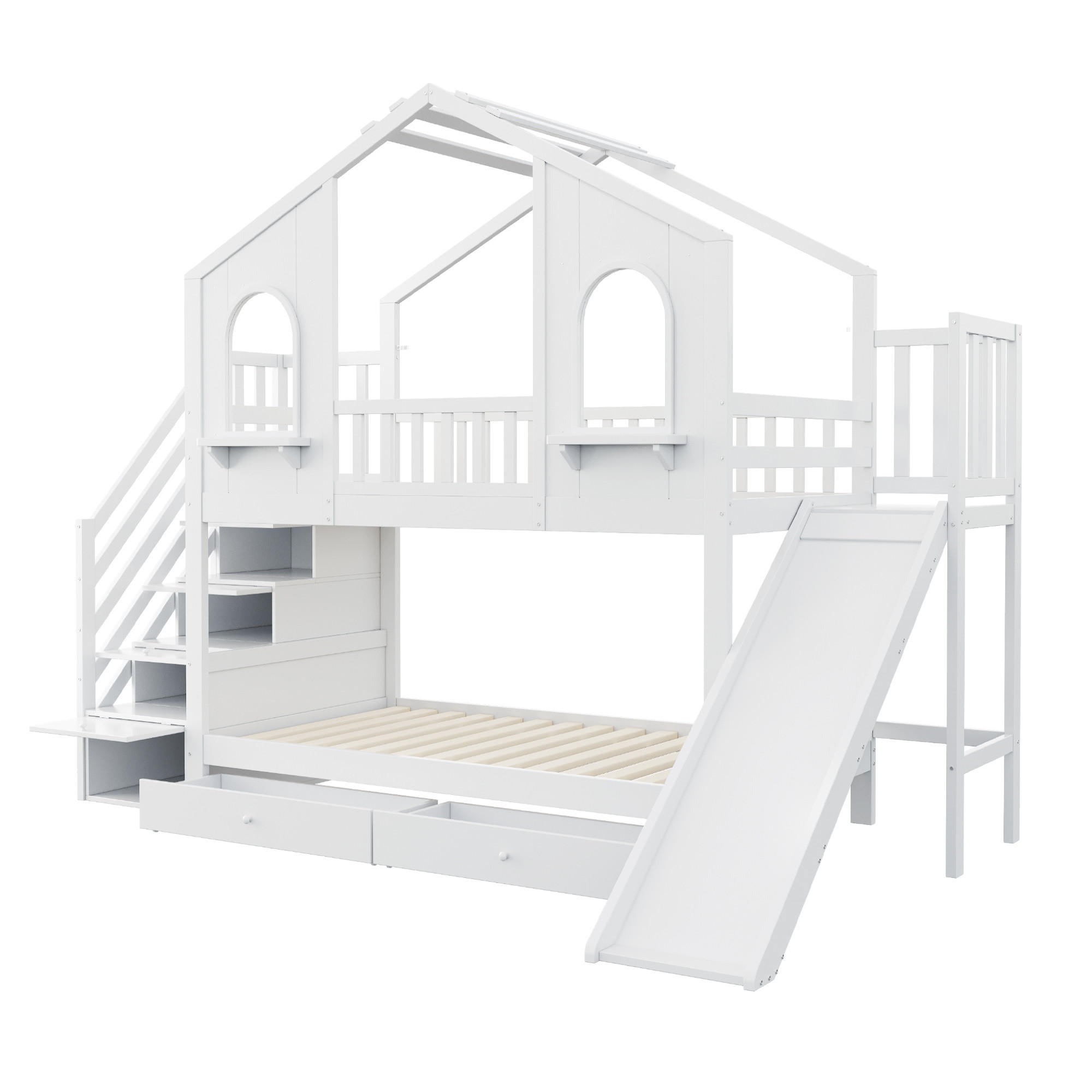 SPIELBETT 90/200 cm DE-01484, in Weiß, mit Rutsche, Aufbewahrungsleiter und 2 Schubladen - Weiß, Holz (90/200cm) - ComfortXL